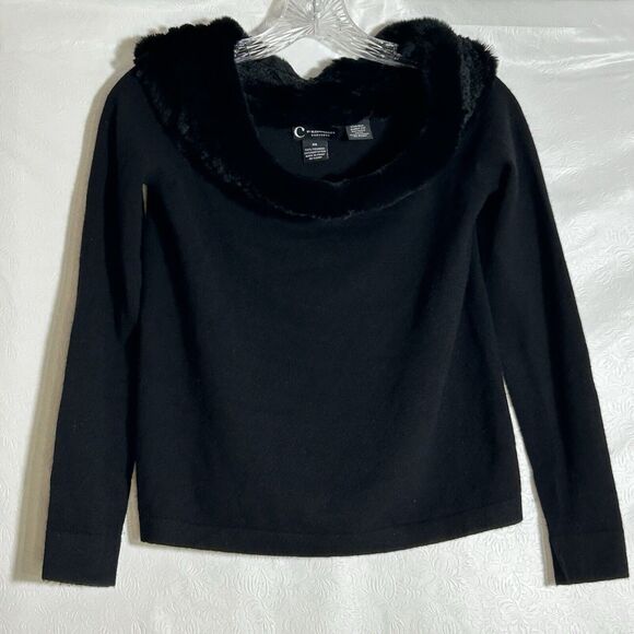 C By Bloomingdale's Cashmere Pullover Sweater Rabbit Fur Neckline Size XS Black - Picture 7 of 11